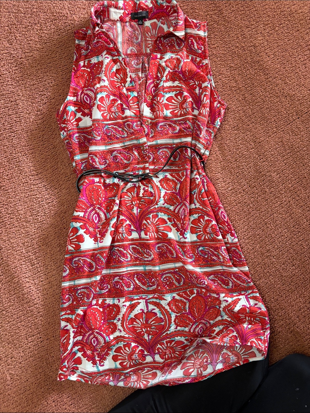 The Limited Red and White Paisley Sleeveless Shirt Dress